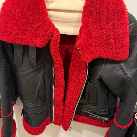 Sandro Black Leather Jacket with Red Shearling Trim - Picture 6 of 6